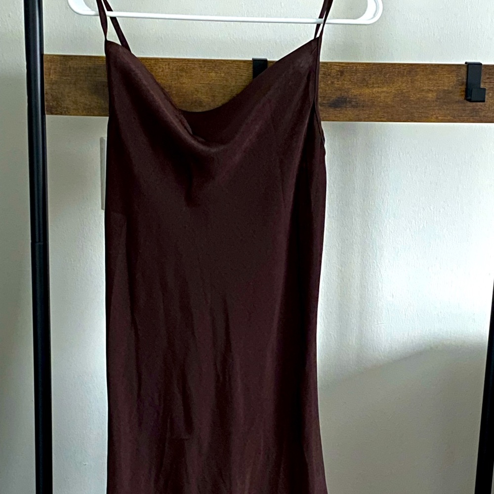 never worn, brown, ankle length, silky, hugs in all the right places,